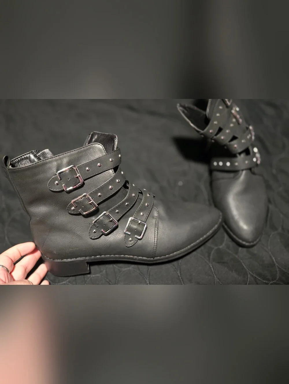 Black Studded Buckle Ankle Boots - Women's